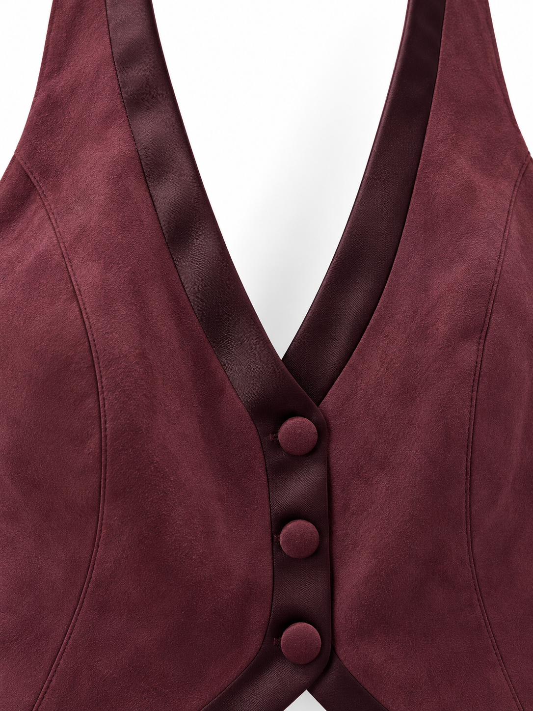 Gilet bordeaux effetto camoscio e raso - Dettaglio scollo in raso