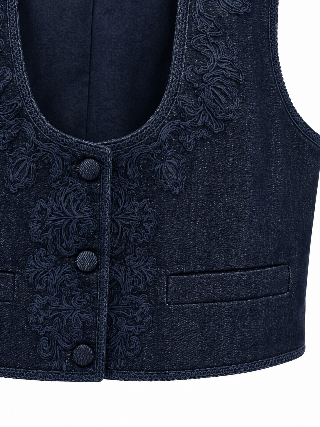 Gilet in denim blu con ricami — bottoni-tasca