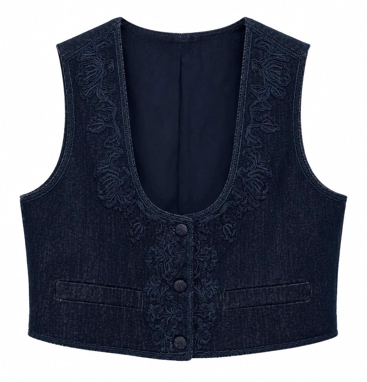 Gilet in denim blu con ricami — fronte
