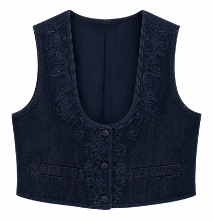 Gilet in denim blu con ricami — fronte