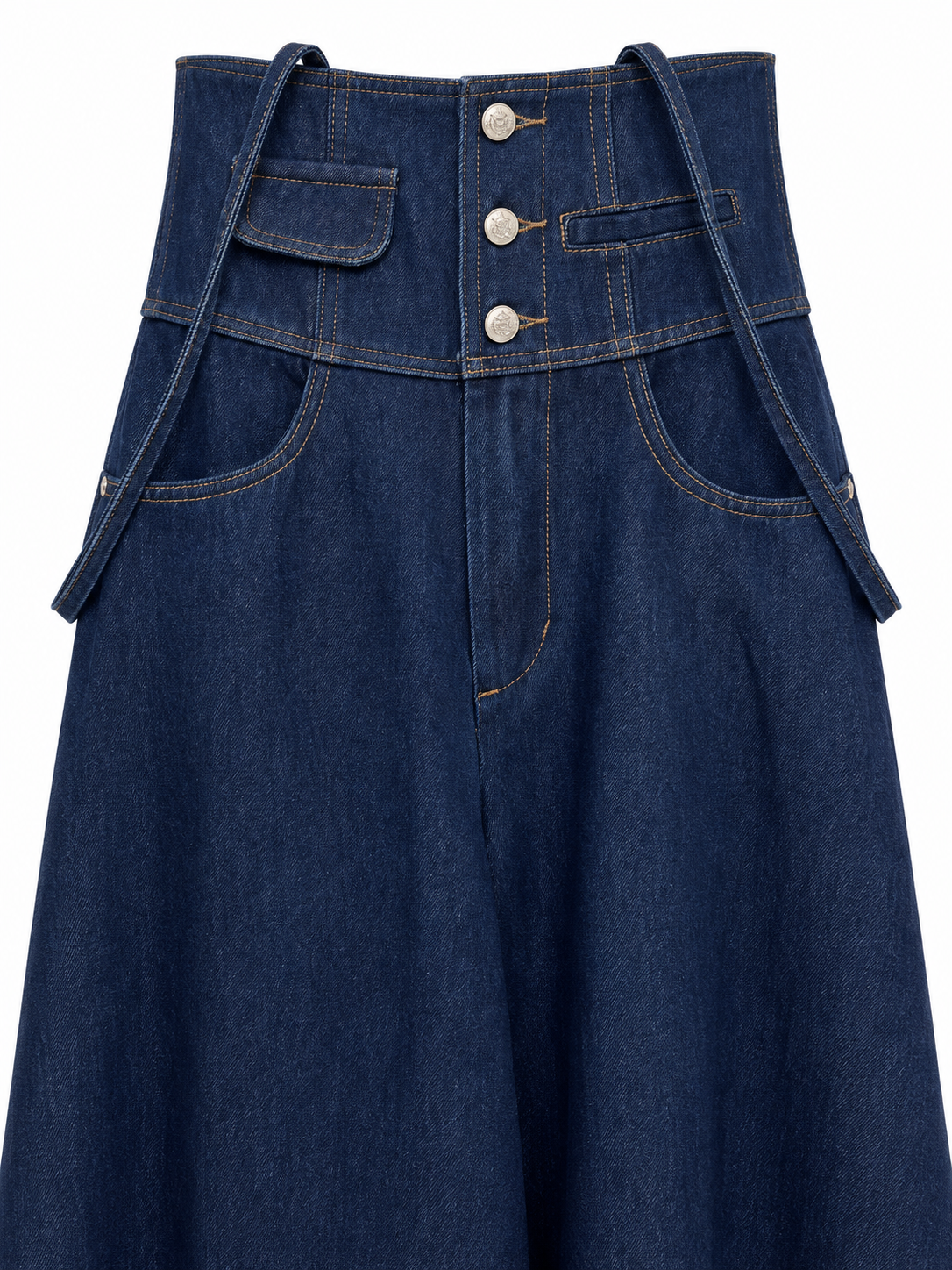 Gonna lunga in denim con bretelle e ricami – dettaglio 1