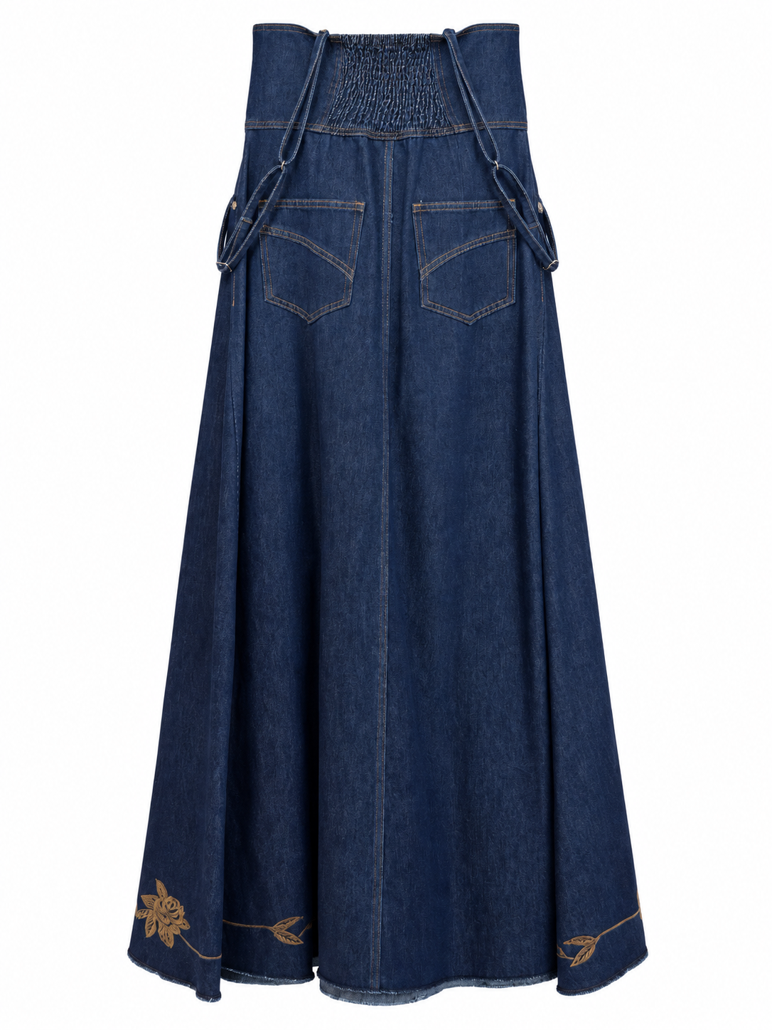 Gonna lunga in denim con bretelle e ricami – retro