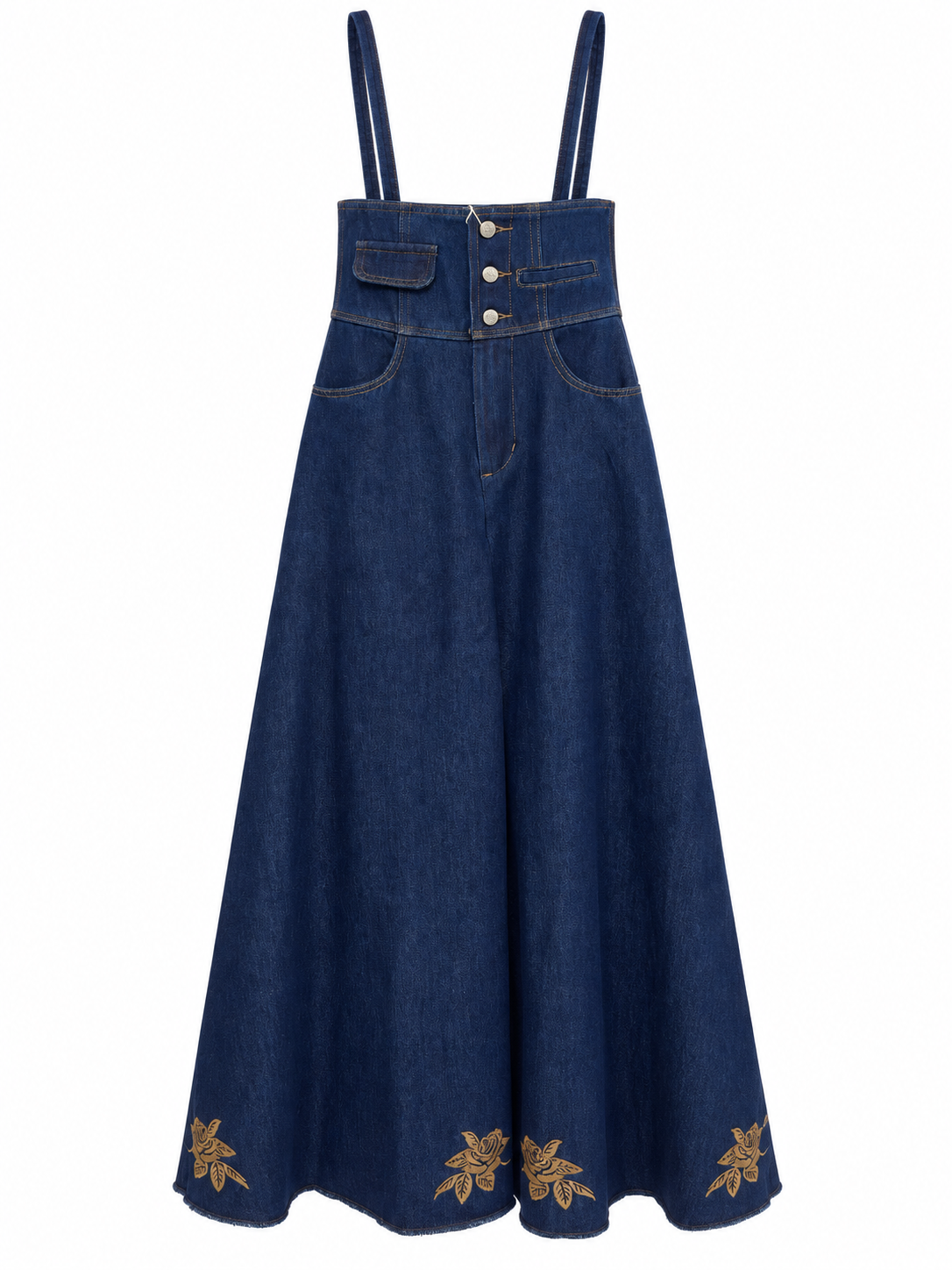 Gonna lunga in denim con bretelle e ricami – fronte