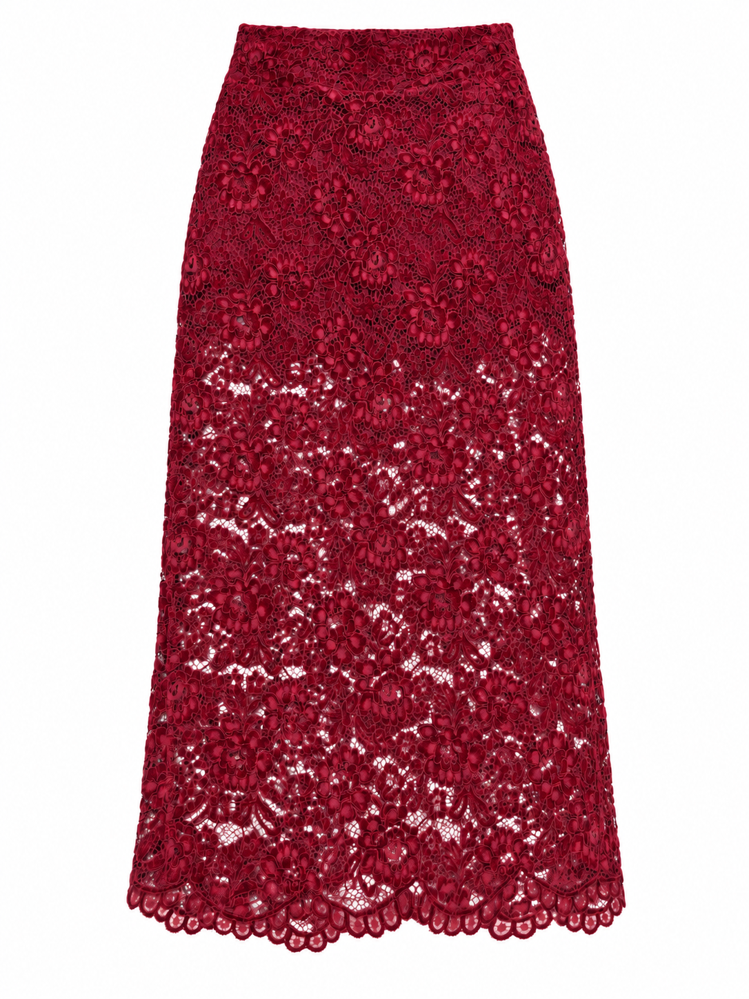 Gonna longuette bordeaux in pizzo effetto scamosciato, fronte