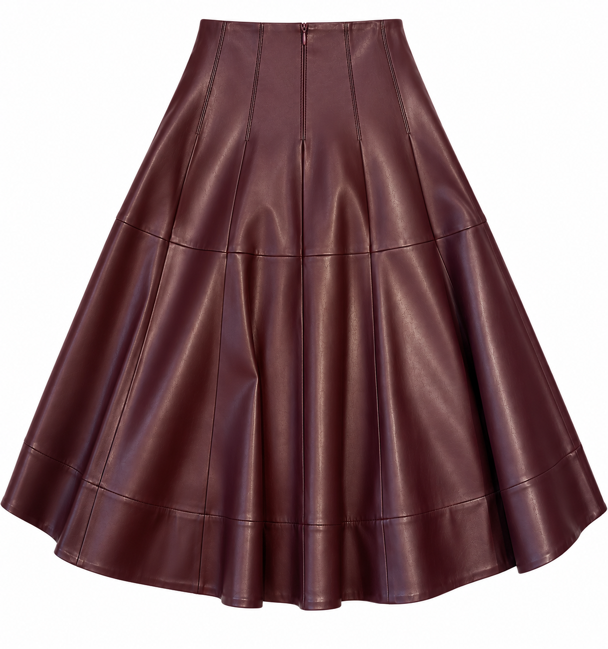 Gonna a ruota in ecopelle bordeaux, vista posteriore con zip