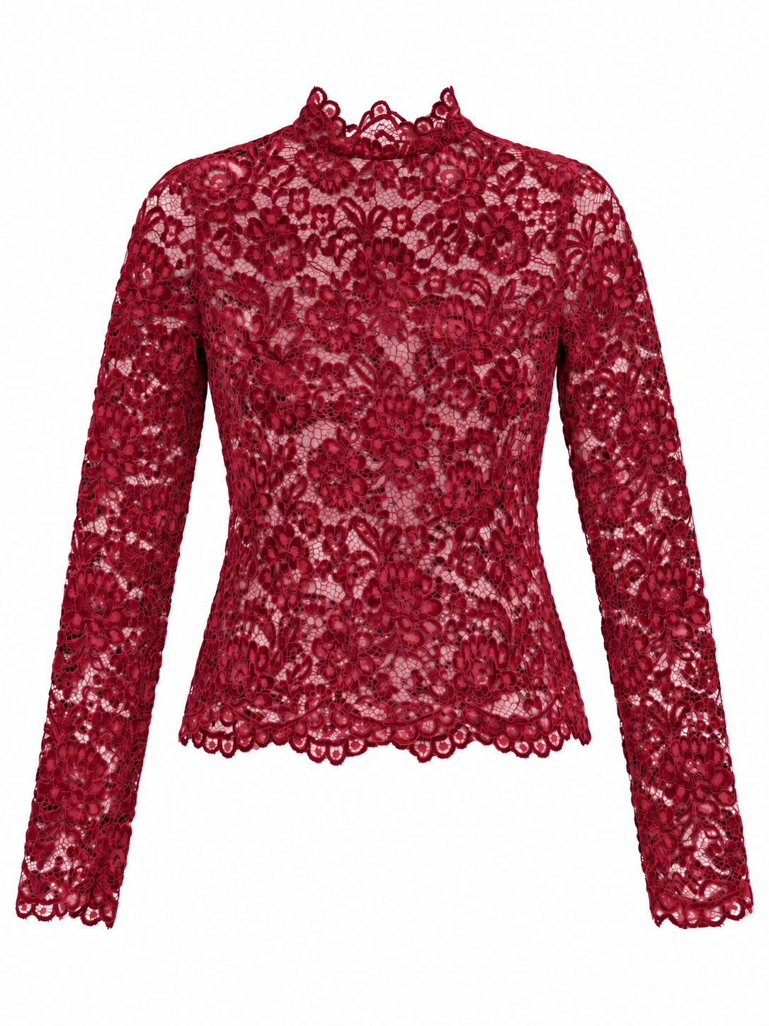 Maglia bordeaux in pizzo floreale effetto scamosciato, fronte