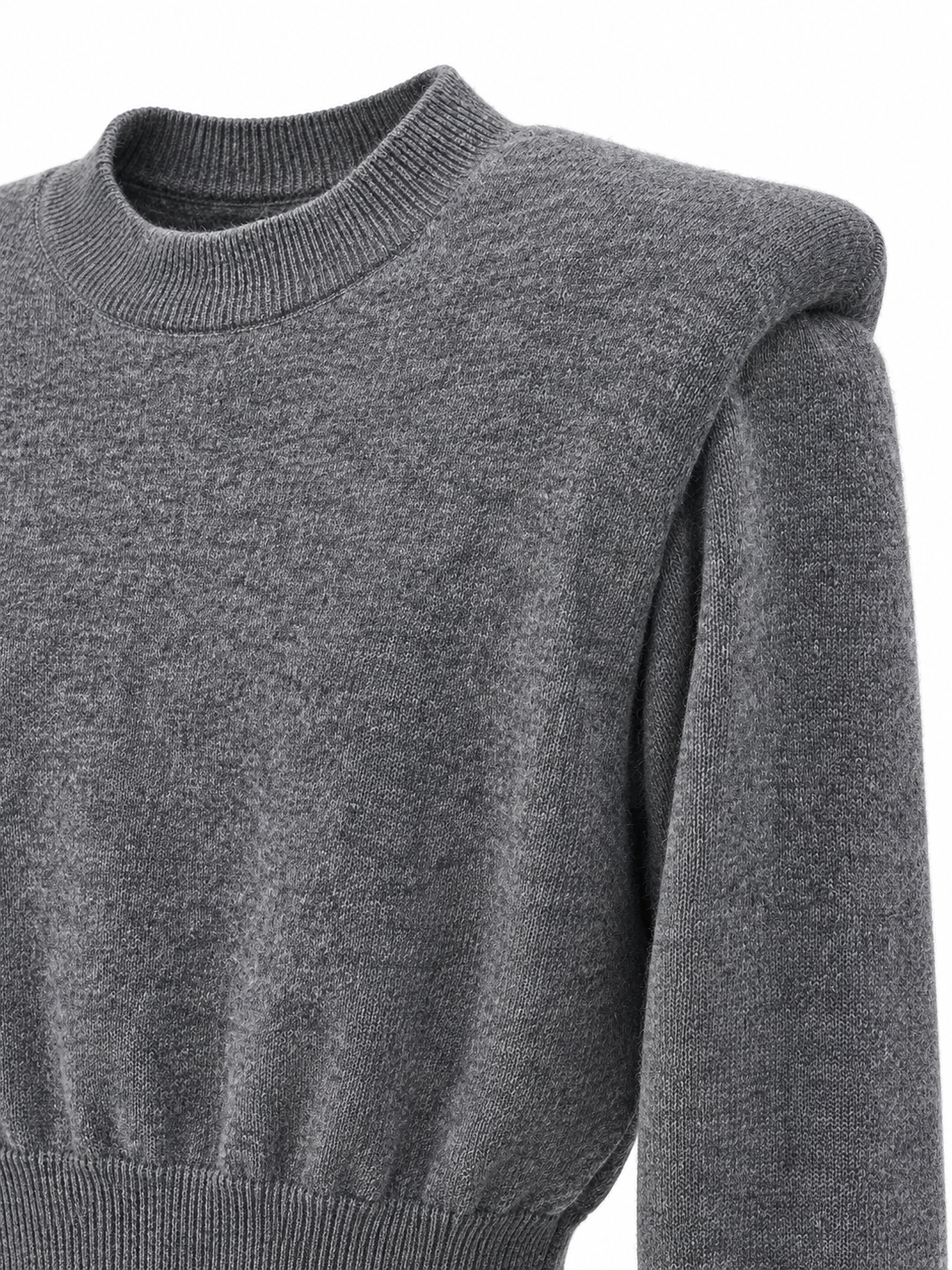 Maglione grigio in lana con spalle imbottite - Dettaglio spalla imbottita e girocollo