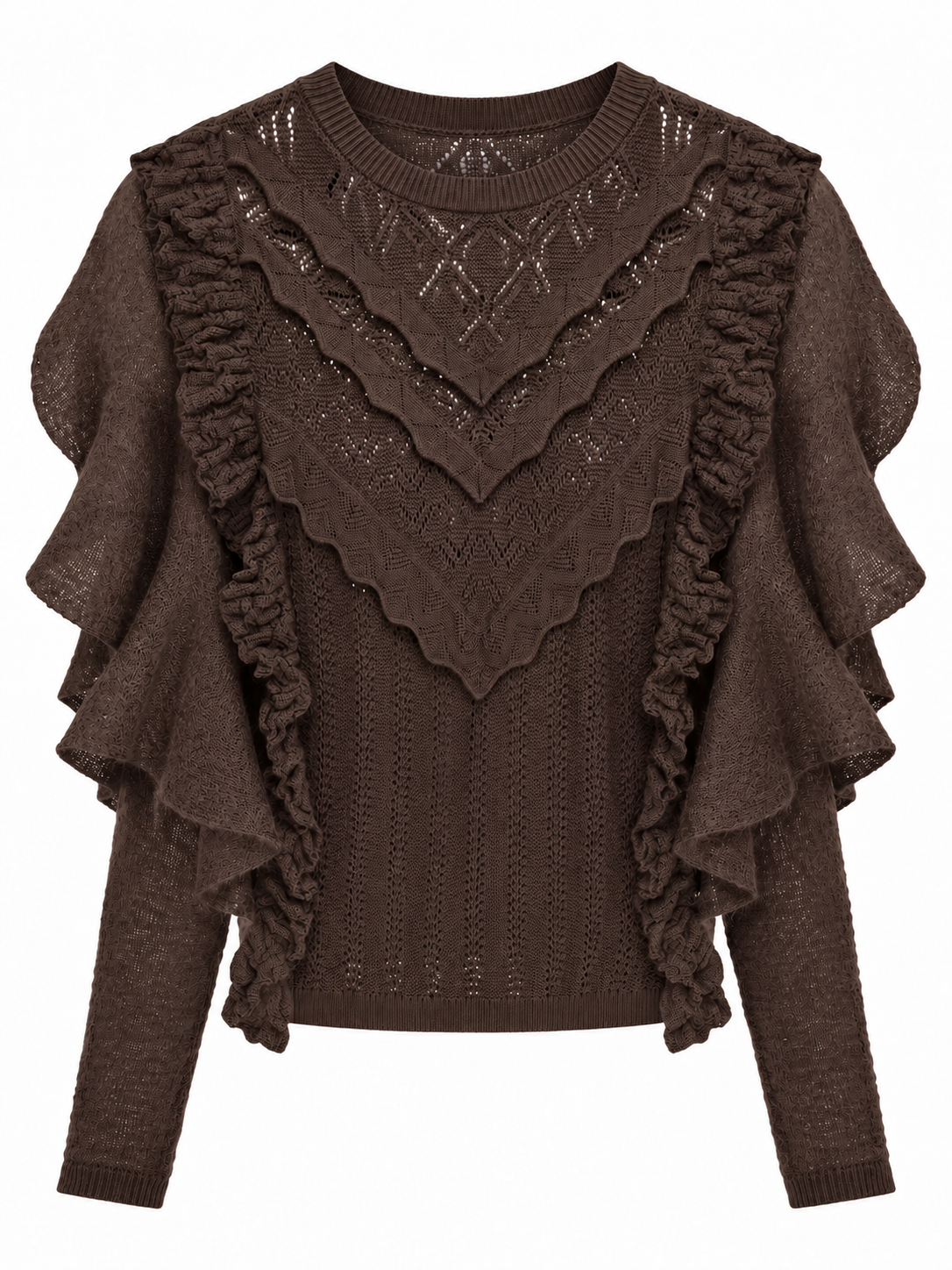 Maglione marrone traforato con volant - fronte