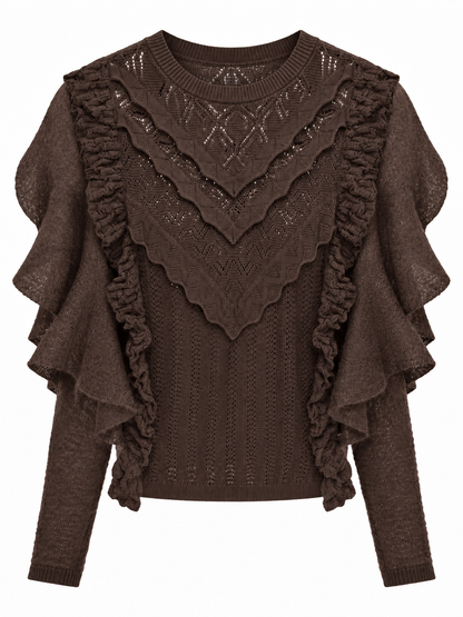 Maglione marrone traforato con volant - fronte