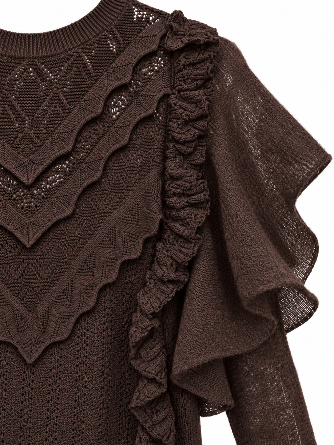 Maglione marrone traforato con volant - volant