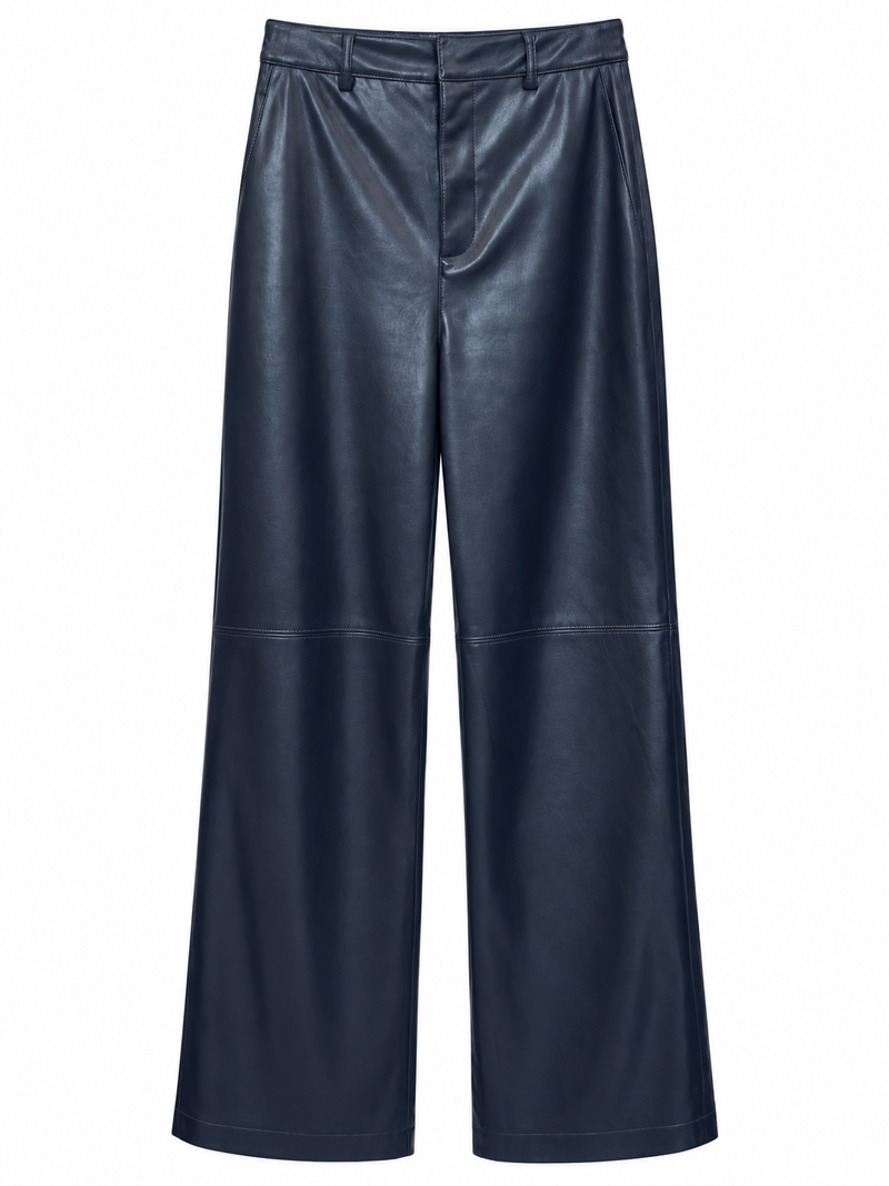 Pantalone blu effetto pelle a gamba ampia