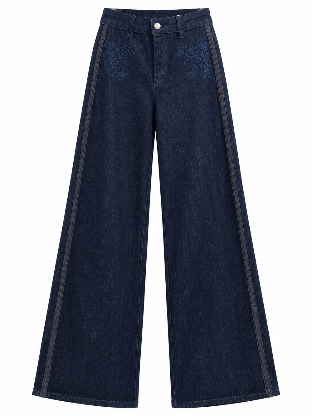 Pantalone in denim con ricami e passamaneria