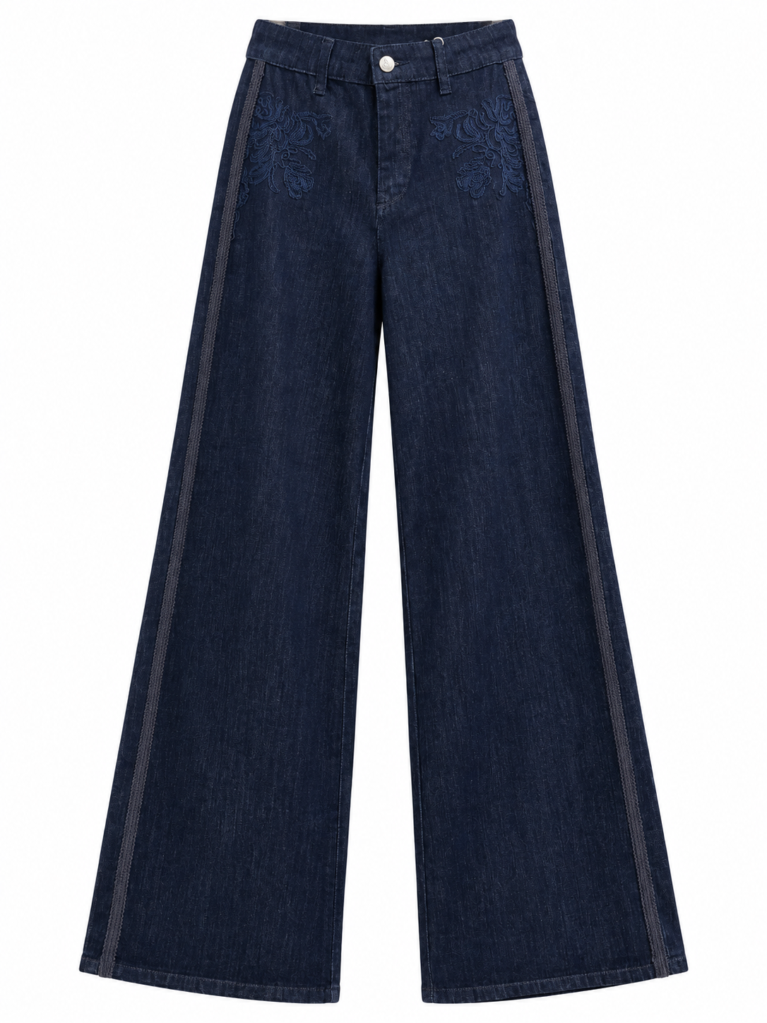 Pantalone in denim blu con ricami — fronte