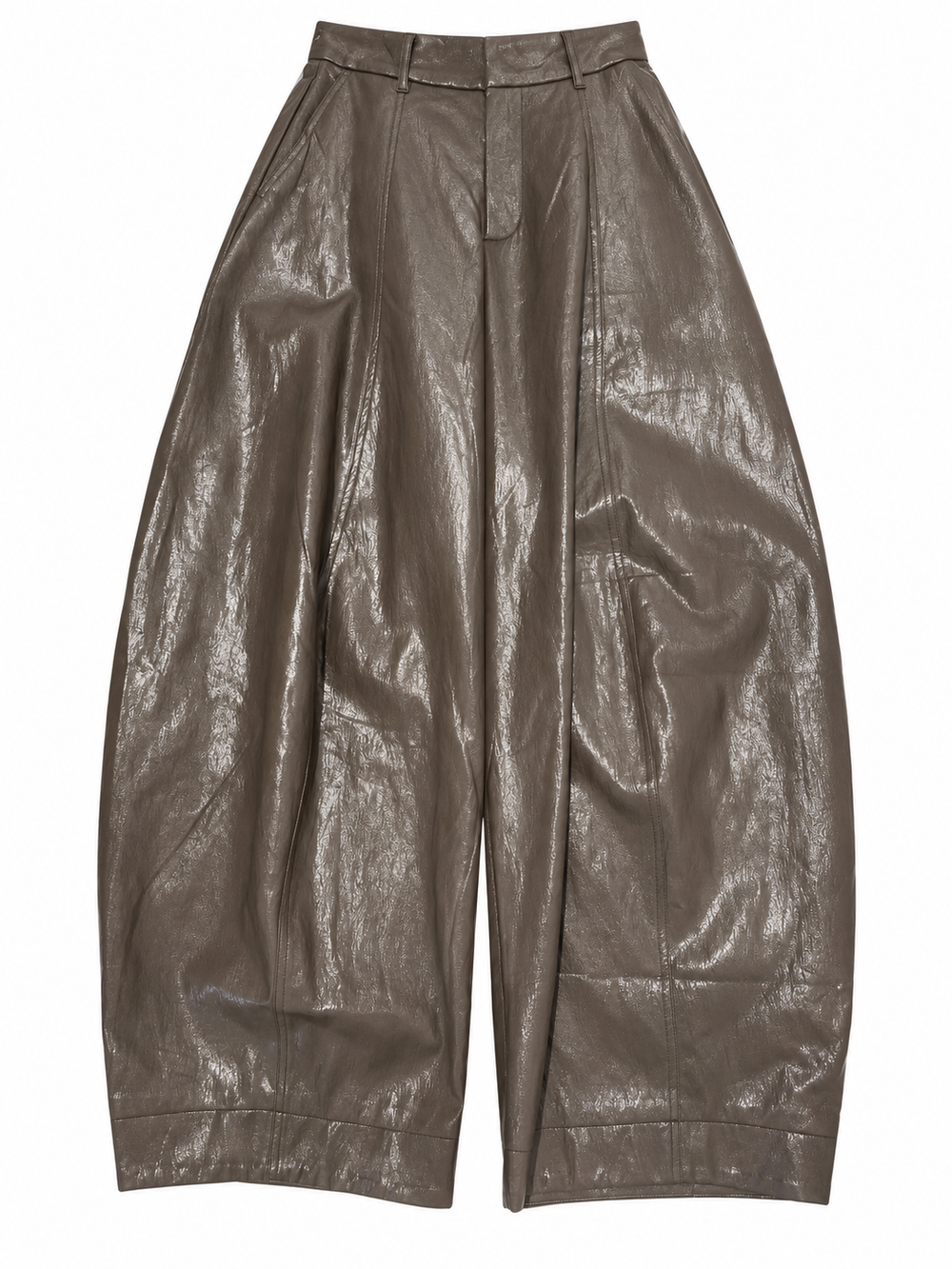 Pantaloni balloon tortora effetto pelle lucida