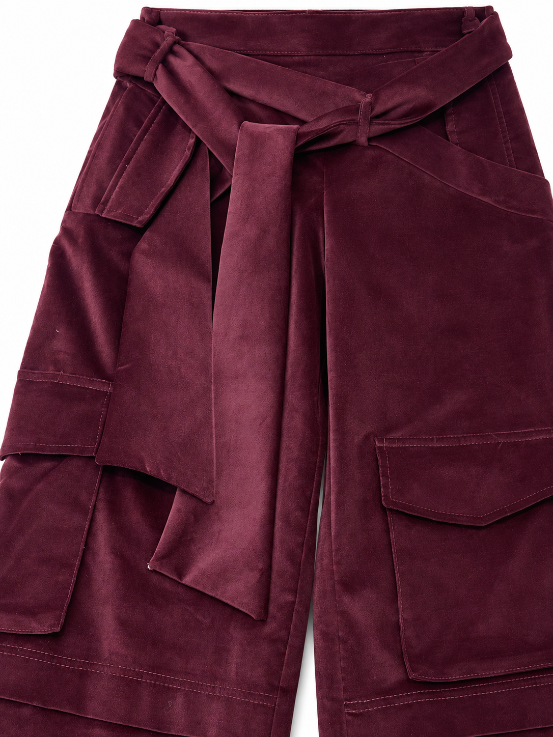 Pantaloni cargo bordeaux effetto camoscio – cintura