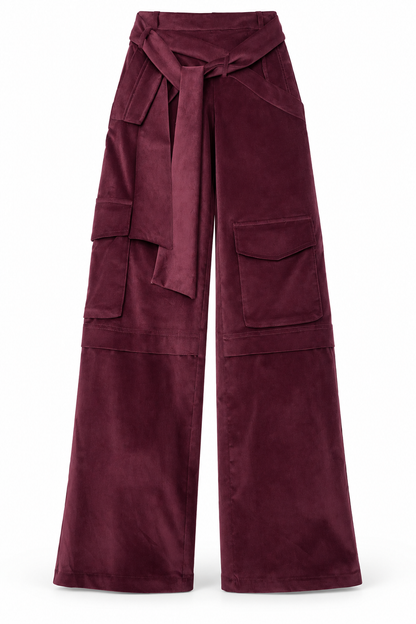 Pantaloni cargo bordeaux effetto camoscio – fronte