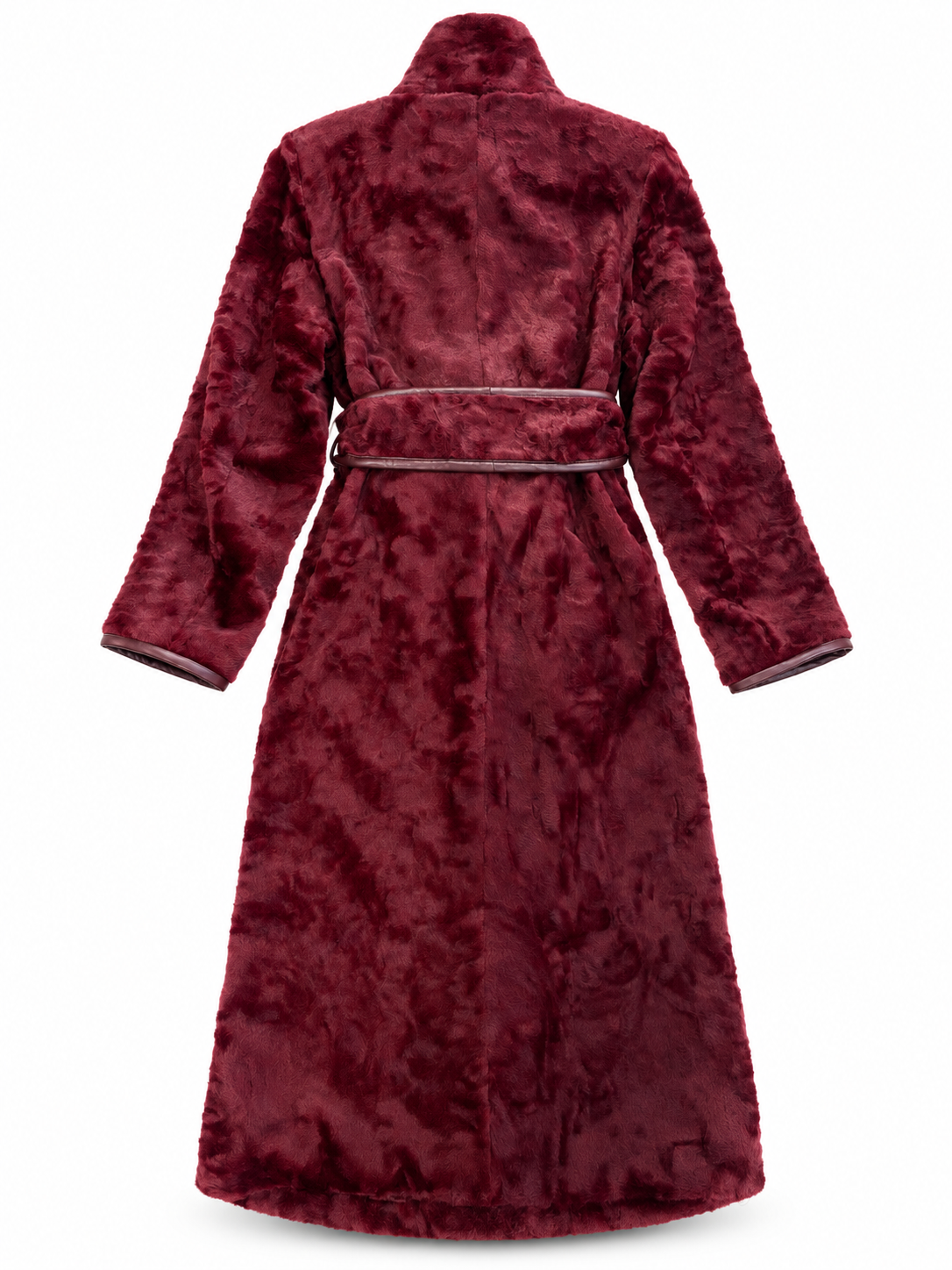Pelliccia lunga bordeaux con cintura, retro