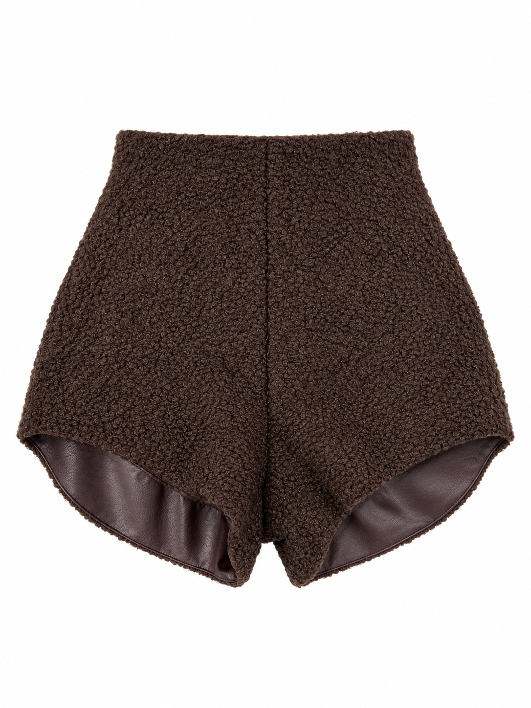 Shorts bouclé cioccolato con interno in ecopelle – fronte