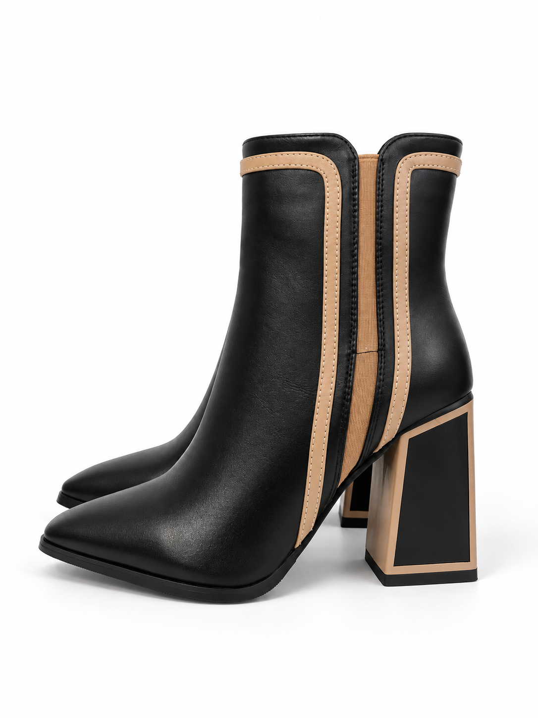 Stivaletti neri con profili beige e tacco geometrico - Vista laterale