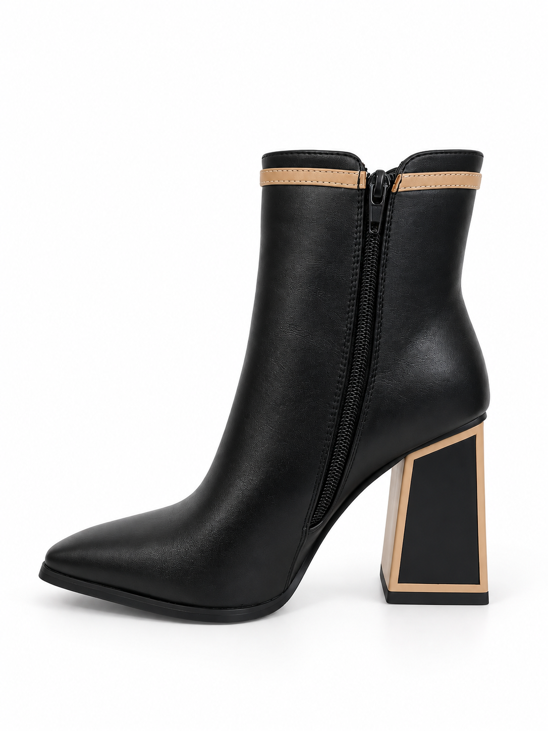 Stivaletti neri con profili beige e tacco geometrico - Vista interna con zip