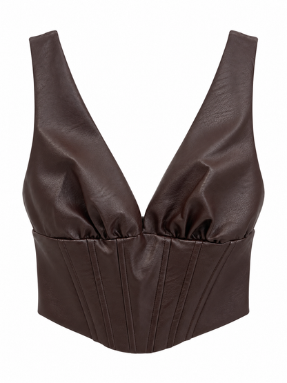 Top marrone in ecopelle con bustino - Vista frontale