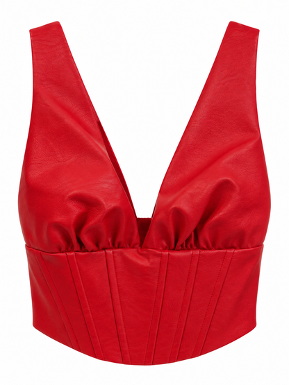 Top rosso in ecopelle con bustino - Vista frontale