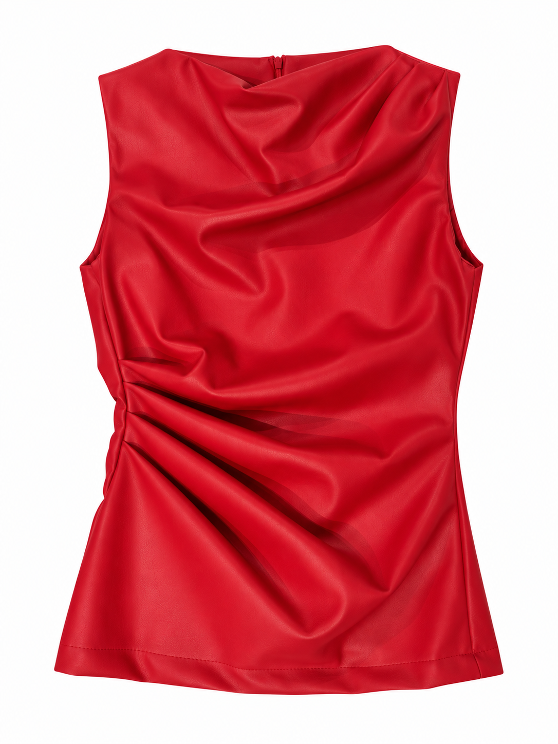 Top rosso in ecopelle con drappeggio laterale - Vista frontale