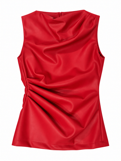 Top rosso in ecopelle con drappeggio laterale - Vista frontale